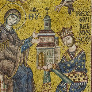 Monreale:L’imperatore Guglielmo secondo offre la Cattedrale alla Vergine Maria I mosaici del Duomo vennero eseguiti tra il XII e la metà del XIII secolo da maestranze in parte locali e in parte veneziane, formatesi alla scuola bizantina. [ENG] Monreale Cathedral, transept: the Byzantine mosaic which depicts King William II offering the Cathedral to the Virgin Mary. Detail. The mosaics of the Cathedral were made between the twelfth and mid-thirteenth century by partly local and partly Venetian workers, trained at the Byzantine school.